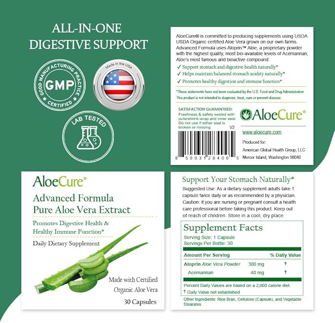 AloeCure Organic Aloe Vera Capsules, 130,000mg Inner Aloe Leaf Equivelant per Serving, Support Gut, Digestive, & Immune Health, Helps Maintain Balanced Stomach Acidity, Aloin Free, 30 Capsules
