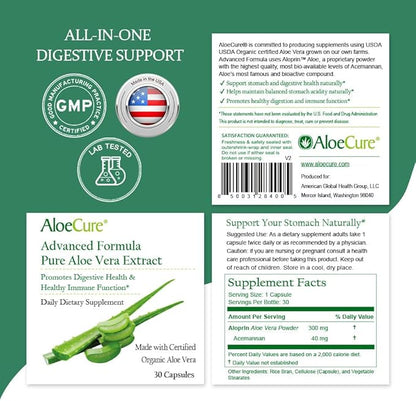 AloeCure Organic Aloe Vera Capsules, 130,000mg Inner Aloe Leaf Equivelant per Serving, Support Gut, Digestive, & Immune Health, Helps Maintain Balanced Stomach Acidity, Aloin Free, 30 Capsules