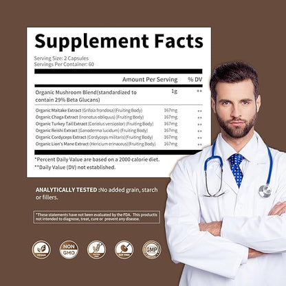 Mushroom Complex Supplement 2600mg, 120 Capsules - 10 Mushrooms Blend - Reishi, Lions Mane, Cordyceps, Chaga, Turkey Tail, Maitake, Shiitake, Oyster Nootropic Complex - Brain, Energy, Focus Pills