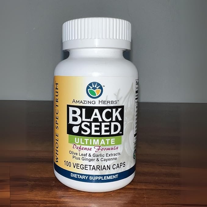 Amazing Herbs Whole Spectrum Black Seed Ultimate, Vegetarian Capsules - Olive Leaf & Garlic Extracts Plus Ginger & Cayenne, Gluten Free, Non GMO, Vegan - 100 Count