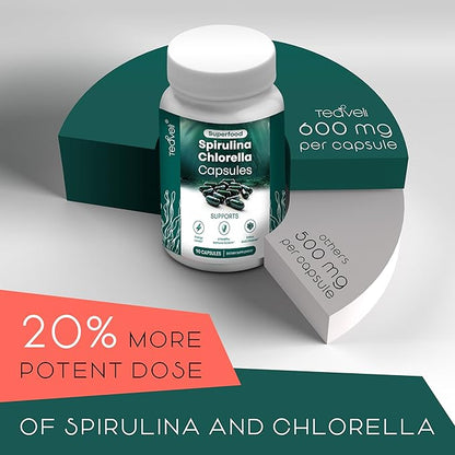 Organic Spirulina and Chlorella Capsules – Chlorophyll Pills & Blue Green Algae to Support Powerful Detox, Energy & A Healthy Immune System– 3X More Chlorella Spirulina Powder/Serving – 90 Ct
