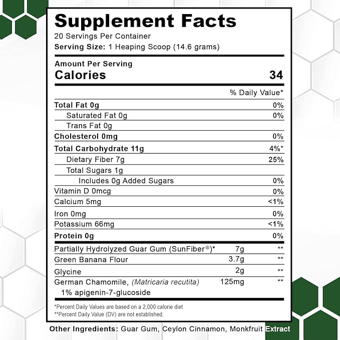 SleepBiotic Prebiotic Fiber Blend - Prebiotic Fiber Powder w/German Chamomile & Green Banana Flour - Prebiotic Powder Fiber Supplement for Healthy Gut 292g [20 Servings]