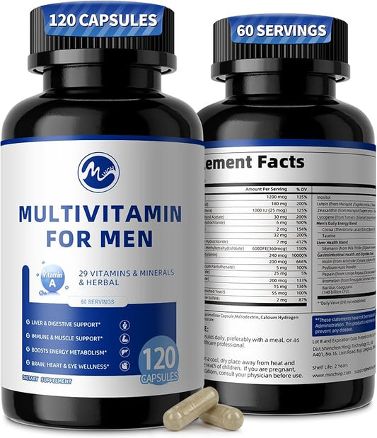 Multivitamin for Men - Daily Mens Multivitamins with Vitamin D, Zinc, Methylcobalamin B12, Folic Acid, Lycopene and Prebiotics for Men's Wellness, Immune Support, Energy and Vitality, 120 Capsules