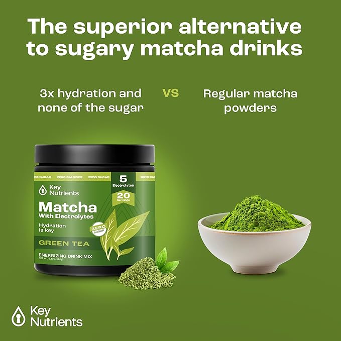 KEY NUTRIENTS Matcha Powder - Unsweetened Matcha Powder with Electrolytes for Hydration and Energy - Green Tea - No Sugar - Made in USA, 20 Servings