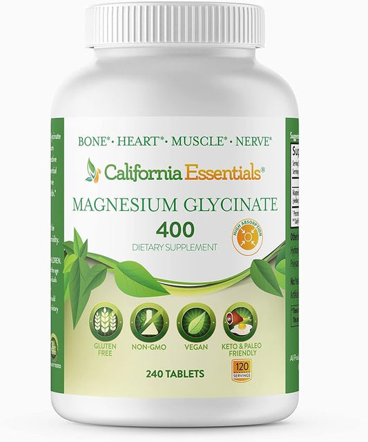 Magnesium Glycinate 400 - Chelated, High Absorption Magnesium for Muscle Relief, Bone & Heart Support -Vegan, Non-GMO, Gluten-Free 240 Tablets (Servings 120, Serving Size (2) 200mg Tablets)