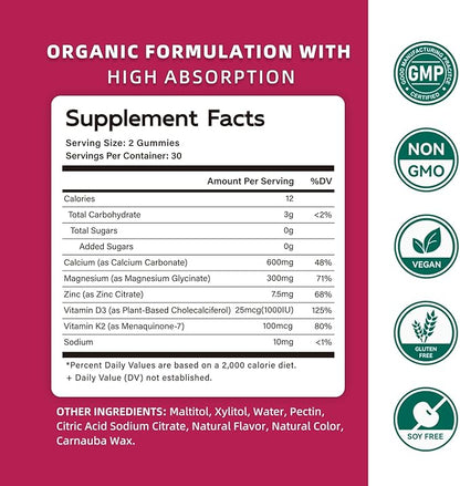 Calcium Magnesium Zinc Gummies with Vitamin D3 & K2 - High Potency Enhanced Absorption -60 Raspberry Gummies Flavored