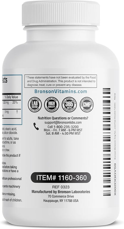 Bronson Melatonin 5mg Fast Dissolve Orange Flavor Tablets with Vitamin B6 - Promotes Relaxation, 360 Vegetarian Chewable Lozenges