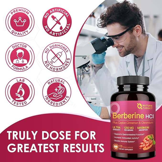 NATURE TARGET Berberine HCl 1200mg, Berberine Supplement with Ceylon Cinnamon, Chromium - Supports Immune, Gastrointestinal & Heart Health, Non-GMO, 120 Capsules