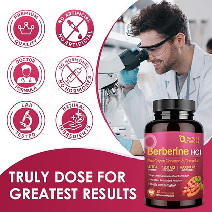 NATURE TARGET Berberine HCl 1200mg, Berberine Supplement with Ceylon Cinnamon, Chromium - Supports Immune, Gastrointestinal & Heart Health, Non-GMO, 120 Capsules