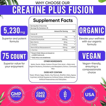 Creatine Monohydrate Gummies for Men & Women – 5000mg per Serving Creatine Supplement with Beta-Alanine, L-Citrulline & B12 – Supports Strength, Energy, and Recovery – 75 Vegan Gummies. Sugar-Free