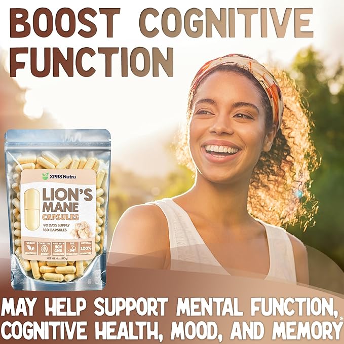 XPRS Nutra Organic Lions Mane Supplement Capsules - 180 Count (90 Day Supply) of Premium Lion's Mane Mushroom Capsules for Mental Clarity, Cognition and Immunity Lions Mane Powder Capsules