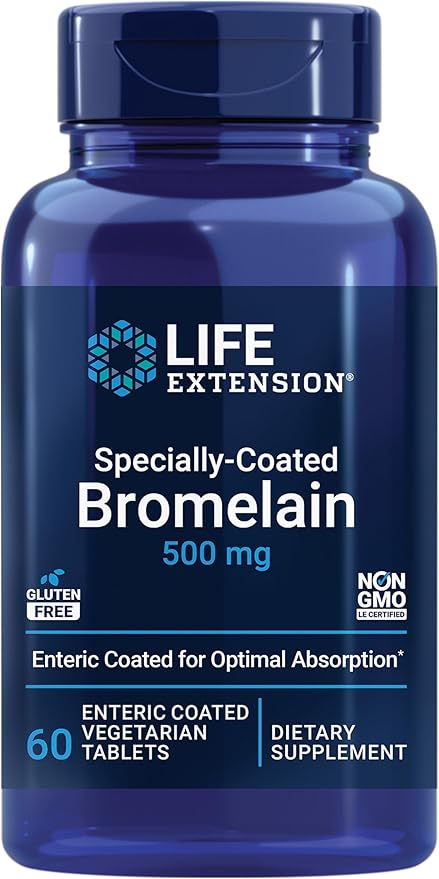 Life Extension Specially-Coated Bromelain, Pineapple Extract, Joint Health, Joint Comfort, Vegetarian, Gluten-Free, Non-GMO, 500 mg, 60 enteric-Coated Tablets
