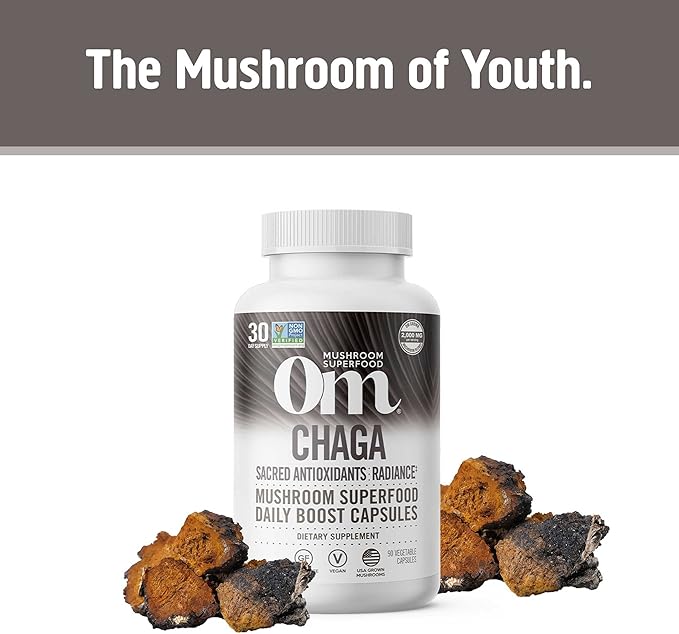 OM MUSHROOM SUPERFOOD Chaga Mushroom Capsules Supplement, Sacred Antioxidants & Immune Support, 90 Count, 30 Days