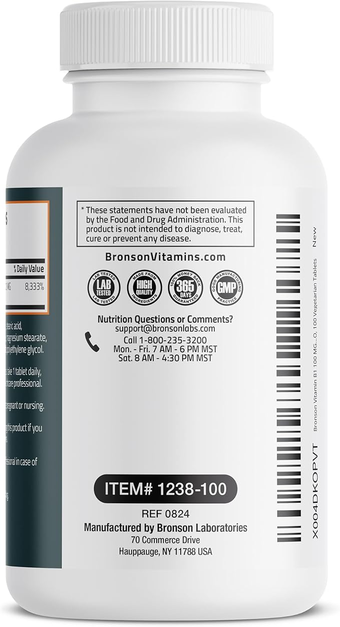 Bronson Vitamin B1 100mg, Non-GMO, 100 Vegetarian Tablets