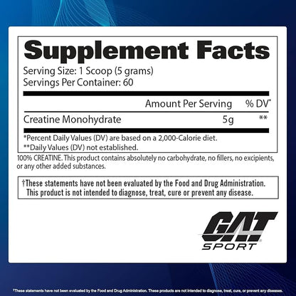 GAT SPORT Creatine Monohydrate Powder, 300 Grams, Strength, Brain Health, Anti-oxidant, Endurance, for Men & Women, 2 Month Supply, Unflavored (60 Servings)