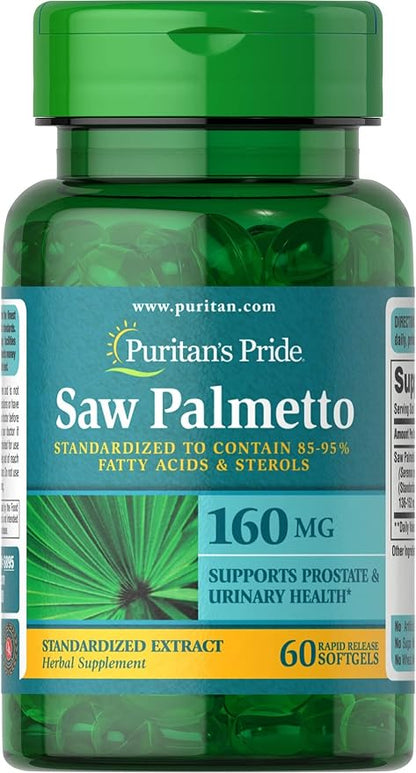 Puritan's Pride Saw Palmetto Extract 160mg, Traditional Herbal Dietary Supplement For Mens Prostate and Urinary Health Support, 60 Rapid Release Capsules