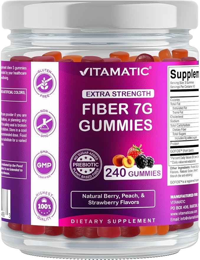 Vitamatic Prebiotic Fiber Gummies for Adults, 7G Extra Strength, Zero Sugar Added, 240 Pectin Based Gummies, Digestive Health & Regularity Support