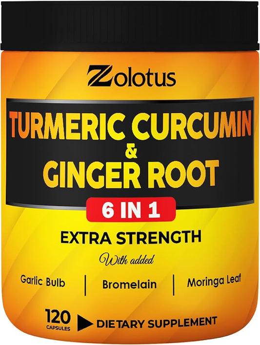 6 in 1 Turmeric Curcumin + Ginger Capsules, 95% Curcuminoids with Ginger, Garlic Bulb, Bromelain, Moringa, Black Pepper - 120 Capsules