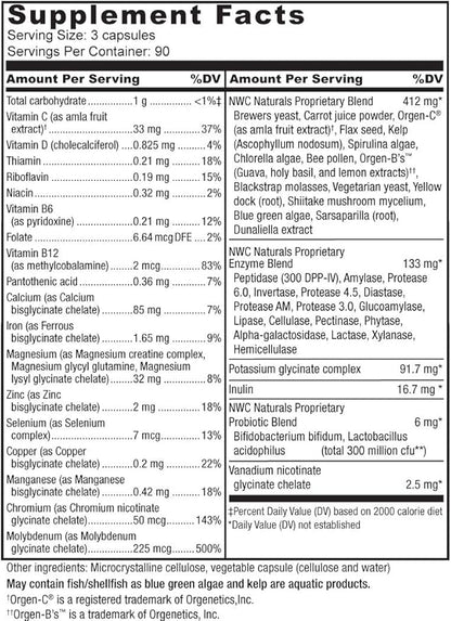 NWC Naturals Total-Nutrition Program Multivitamin with Enzymes Plus Prebiotics and Probiotics Supplement, Complete Care for Men and Women, Vegetarian Natural Whole Food Vitamins, 270 Capsules