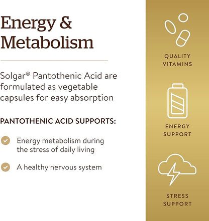 Solgar Pantothenic Acid 550 mg Vegetable Capsules Vitamin B5 Energy Metabolism Nervous System Support Gluten Free Dairy Free Kosher Servings, Standard Packaging, 100 Count