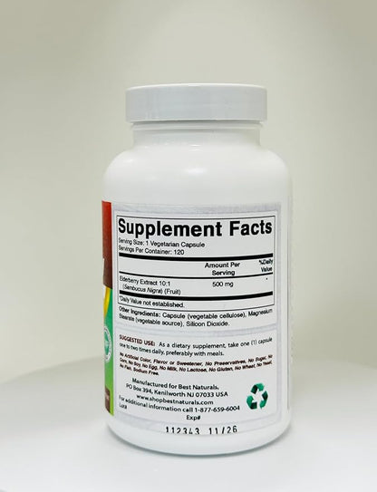Best Naturals Elderberry Sambucus Nigra Extract 10:1 500 mg 120 Veg Capsules