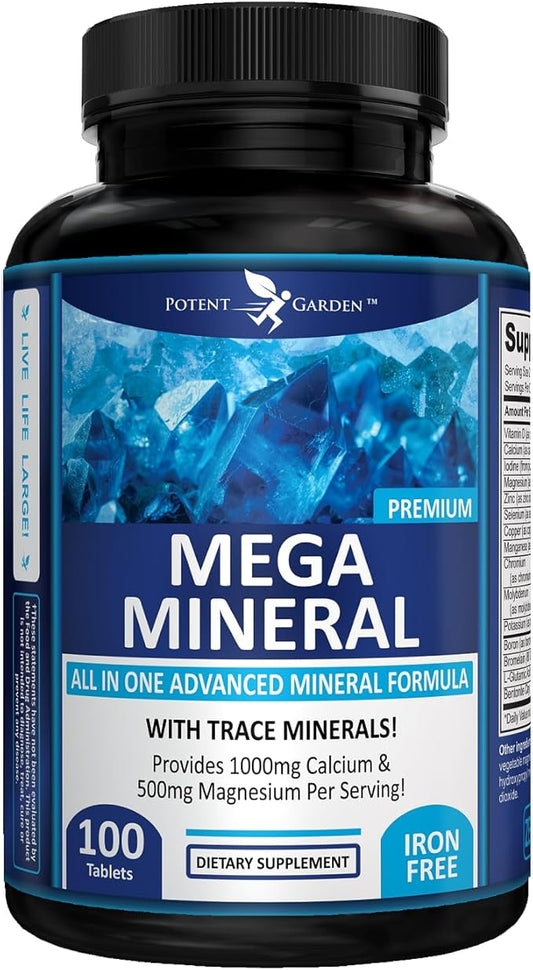 Potent Garden Mega Mineral Supplement Complete Mineral Complex with Calcium Magnesium Zinc Potassium Boron Selenium Chromium & 72 Trace Minerals Iron Free Calcium Supplement -100 Pills