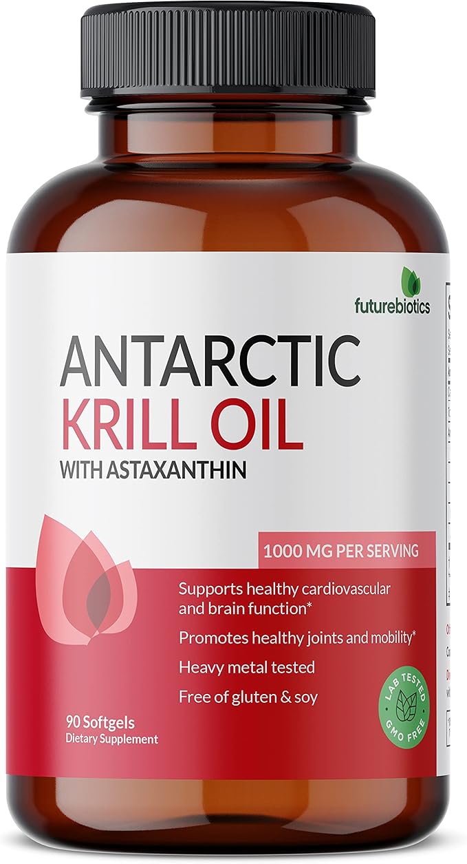 Futurebiotics Antarctic Krill Oil 1000mg with Omega-3s EPA, DHA, Astaxanthin and Phospholipids - Premium Krill Oil Heavy Metal Tested, Non GMO – 90 Softgels (45 Servings)