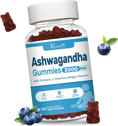 Ashwagandha Gummies for Women & Men, Ashwagandha Supplements for Calm Mood & Increased Energy, Non-GMO, Gluten-Free, Vegan 60ct