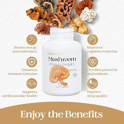 Mushrooms with Cordyceps, Lion's Mane, Shiitake Mushroom Complex for Energy, Immune Health, Brain Support & Overall Wellness | Non-GMO, Gluten-Free, 1300mg Per Serving, 60 Capsules