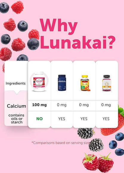 Lunakai USA Made Vitamin D3 K2 Gummies with Calcium for Women, Men & Kids - 3-in-1 Supplement for Bone Health and Immune Support, Vegan 60ct