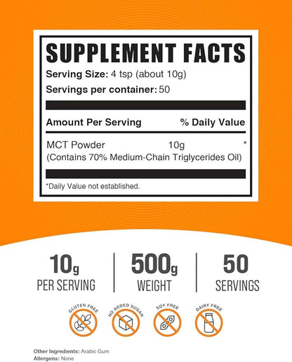 BulkSupplements.com MCT Powder - Medium Chain Triglycerides, from MCT Coconut Oil, MCT Oil Powder - MCT Supplement for Energy - Gluten Free, 10g per Serving, 500g (1.1 lbs) (Pack of 1)