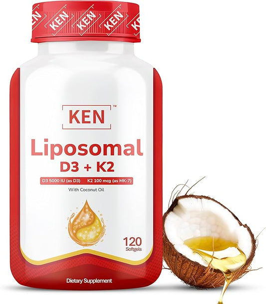 KEN Liposomal Vitamin D3 5000 IU + K2 (MK7) 100mcg, Bone Support Supplement, Enhanced Calcium Absorption, Supports Immune Function, Coconut Oil, No Seed Oil, Non-GMO 120 Halal Bovine Softgels