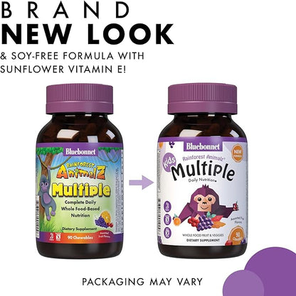 Bluebonnet Nutrition Rainforest Animalz Whole Food Based Multiple Chewable Tablets, Kids Multivitamin & Mineral, Vitamin C, D3, Iron, Gluten Free, Milk Free, Kosher, 90 Chewable Tablets, Mixed Flavors