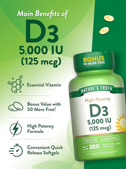 Nature's Truth Vitamin D3 5000 IU (125 mcg) | 300 Softgels | High Potency Vitamin D | Non-GMO and Gluten Free Supplement