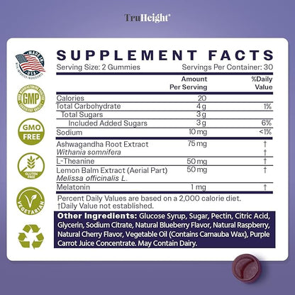 TruHeight Sleep Gummies - Kids & Teen Natural Sleep Aid for Maximum Growth - Pediatric Recommended - Kids Melatonin Gummy - Melatonin, Ashwagandha, L Theanine, Lemon Balm, Ages 4+, Mixed Berry Flavor