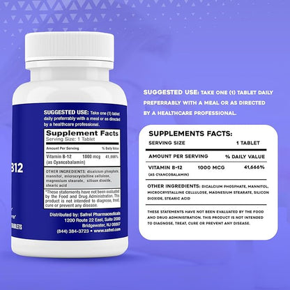 Safrel Vitamin B12 1000 mcg per Tablet, 200 Days Supply, Provides Energy, Metabolism and Nervous System Health Support | Vegan, Gluten Free and Dye Free | Made in USA