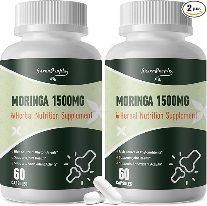 Moringa Pure Capsules, Rich Moringa Powder, A Natural Green Antioxidant Superfood - Supports Energy, Skin Health, Gut Health, with Essential Vitamins & Amino Acids, 60pcs*2