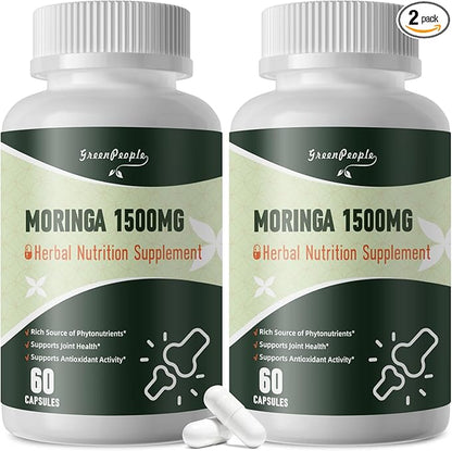 Moringa Pure Capsules, Rich Moringa Powder, A Natural Green Antioxidant Superfood - Supports Energy, Skin Health, Gut Health, with Essential Vitamins & Amino Acids, 60pcs*2
