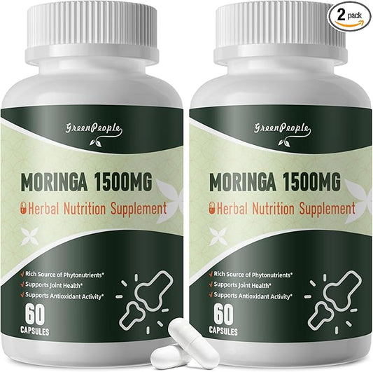 Moringa Pure Capsules, Rich Moringa Powder, A Natural Green Antioxidant Superfood - Supports Energy, Skin Health, Gut Health, with Essential Vitamins & Amino Acids, 60pcs*2