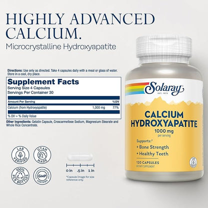 Solaray Calcium Hydroxyapatite 1000mg - Calcium Supplements for Women & Men, Hydroxyapatite Powder Capsules, Healthy Teeth and Bone Support - 120 Capsules