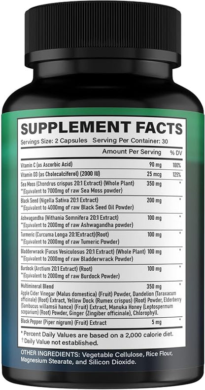 Sea Moss and Shilajit Bundle - Shilajit and Sea Moss Combo with Ashwagandha Black Seed Oil Turmeric Bladderwrack Burdock Root Black Pepper with Vitamins and Antioxidants - 60 Day Supply