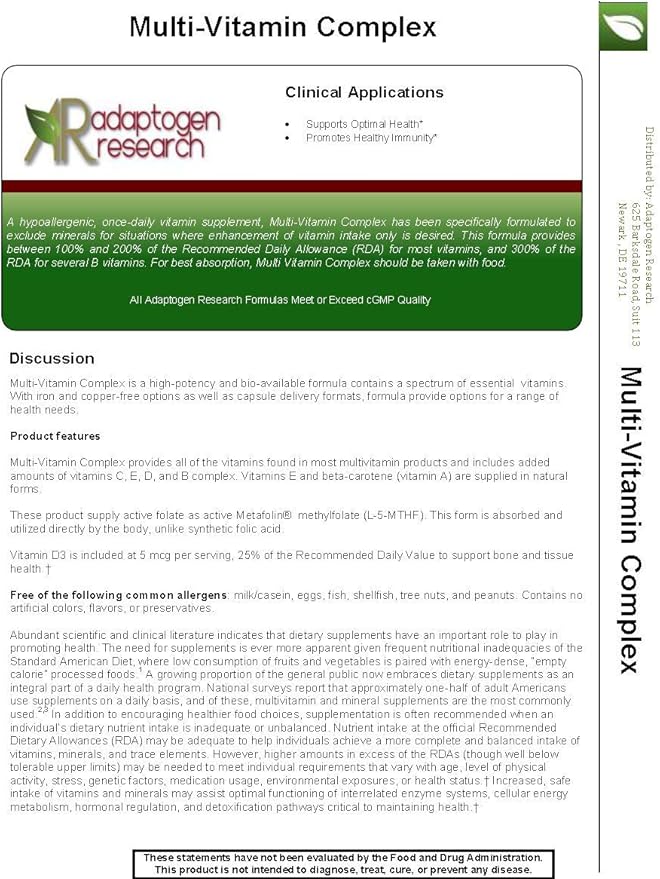 Multi-Vitamin Complex | Once Daily Multivitamin Supplement with Folate as Metafolin L-5-MTHF B12 as Methylcobalamin Vitamin A C D3 and more| Enhanced Absorption & Bioavailability | 60 Vegetarian Caps