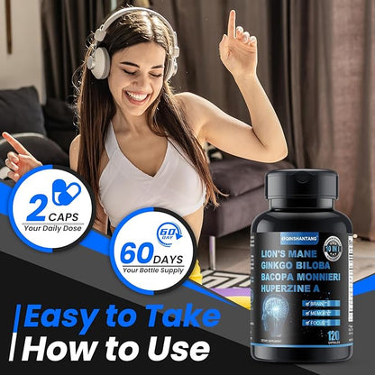 Lion's Mane Supplement Capsules ＆ Bacopa Monnieri-120 Capsules Lion's Mane Mushroom Blend, 10 in 1 for Enhanced Memory, Focus, and Brain Support