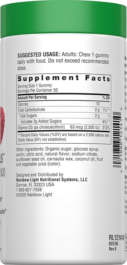 Rainbow Light - Berry D-Licious 2,500 IU Vitamin D3 Gummy - Ultra Potency Vitamin D Supplement Supports Bone and Muscle Strength, Calcium Absorption, and Circulatory Health; Gluten-Free - 50 Count