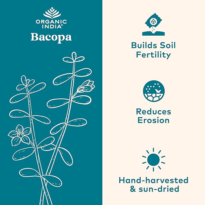 ORGANIC INDIA Bacopa Supplement - Bacopa Monnieri Organic, Brain, Focus, & Memory Support for Women & Men, Ayurvedic Herbs, Non GMO, Fairtrade Certified - 60 Vegan Capsules