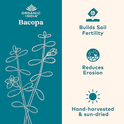 ORGANIC INDIA Bacopa Supplement - Bacopa Monnieri Organic, Brain, Focus, & Memory Support for Women & Men, Ayurvedic Herbs, Non GMO, Fairtrade Certified - 60 Vegan Capsules