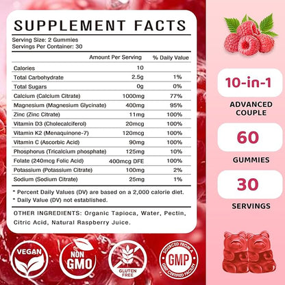 2 Pack Calcium Magnesium Zinc Gummies – Calcium with Vitamin D3 & K2, Calcium Citrate Gummies for Bone, Muscle, Calm & Zzz Support –High Absorption Magnesium, Raspberry Flavored, 120 Count