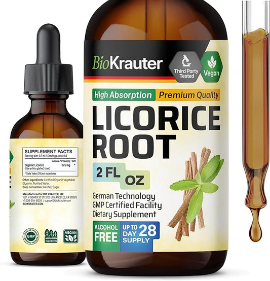 BIO KRAUTER Licorice Root Tincture - Licorice Root Extract for Digestive Support - Alcohol and Sugar Free - Vegan Drops 2 Fl.Oz.