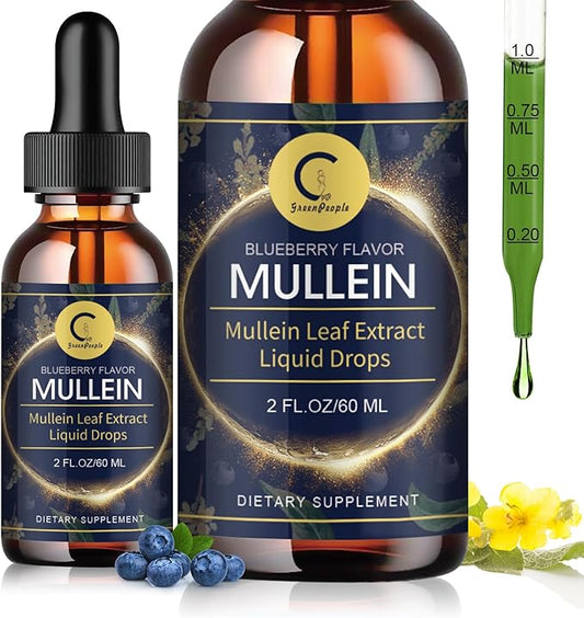 Mullein Leaf Extract Drops for Lungs - Lung Cleanse & Detox, Pure Mullein Leaf Liquid Drops, Support for Respiratory, Immune, Digestive System, Vegan, Non-GMO, Blueberry Flavor, 2 FL OZ