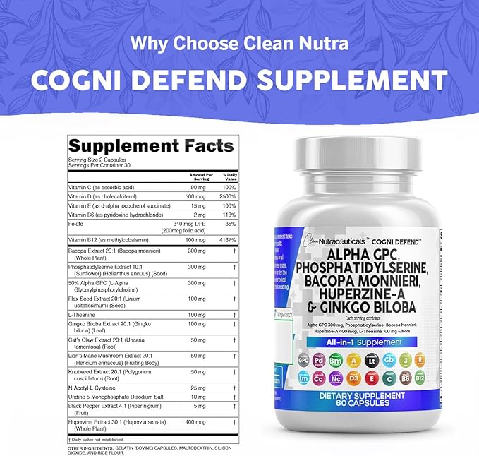 Clean Nutraceuticals Alpha GPC Choline Phosphatidylserine Bacopa Monnieri Ginkgo Biloba Huperzine A Supplement with Urdine Lions Mane Cats Claw NAC Vitamin C B D E